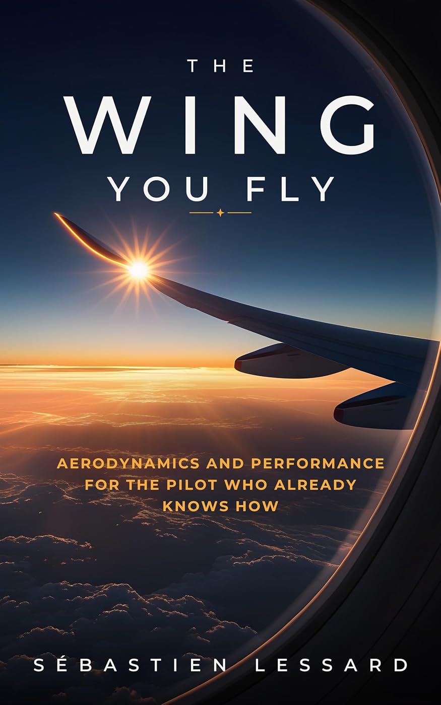 Cover of The Wing You Fly by S&eacute;bastien Lessard: a wing seen through a cabin window at sunrise.